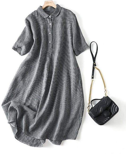 swygsqql 여성 카라넥 체크 린넨 원피스 여름 캐주얼룩 루즈핏 반팔 셔츠 원피스