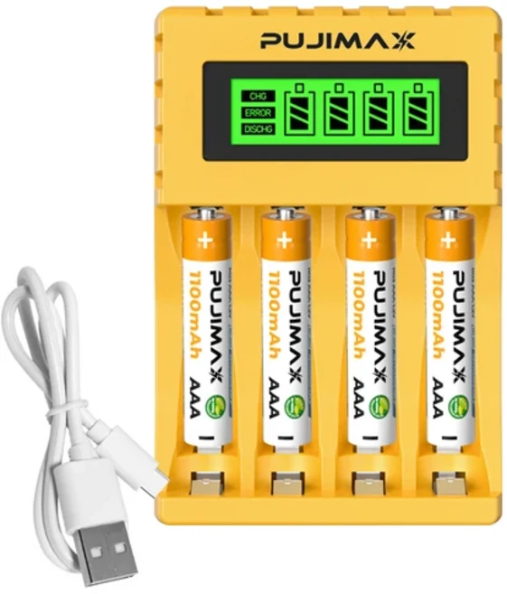 PUJIMAX AA AAA 1.2V Ni-MH 4슬롯 충전지 건전지 급속충전기 과충전방지 LCD표시 AA/AA 2000mAh 4pcs 건전지 포함 노랑색 케이스 충전기, 1개