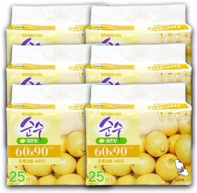 강아지 논슬립 배변 패드 초특대형 레몬향 25매 6P 애견 향기나는 력좋은 실내 패드 반려견 빠른 dew+11301qs