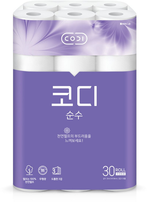 코디 순수 화장지 30m*30롤 1팩 (천연펄프. 무형광. ) 프리미엄 두루마리 휴지