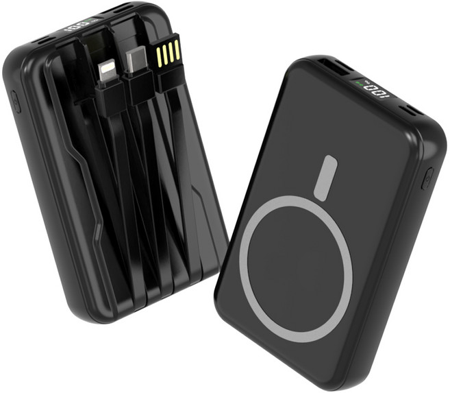 대용량 맥세이프 호환 보조배터리 20000mAh 무선충전 케이블 일체형 LCD 잔량표시, 블랙, 1개