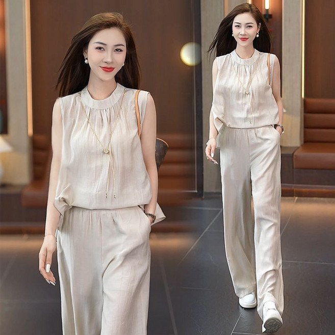 COSYEVNO 여름 여성 면마 패션 세트 루즈핏 민소매 나시+바지 린넨 투피스