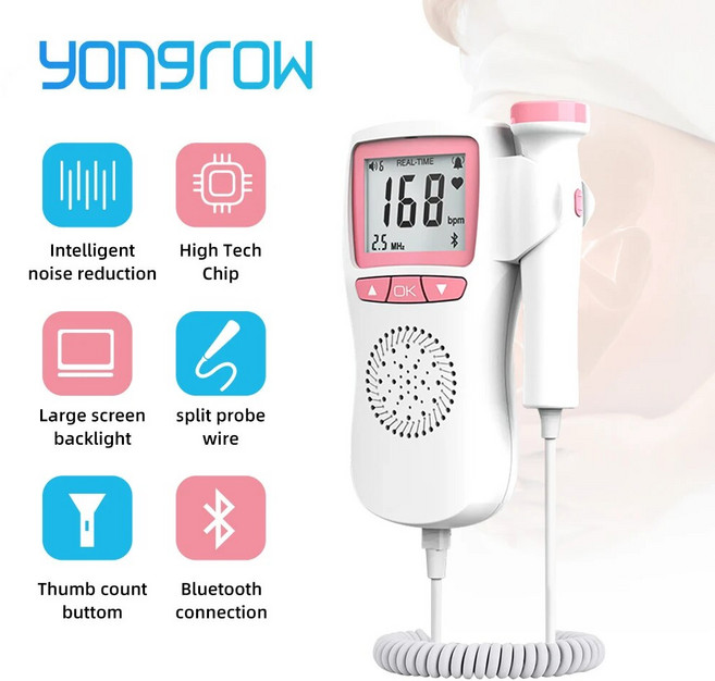 태아심음측정기 태아도플러 Yongrow 업그레이드 된 가정 임신 심박수 모니터 감지기 LCD 디스플레이 없음, 1개