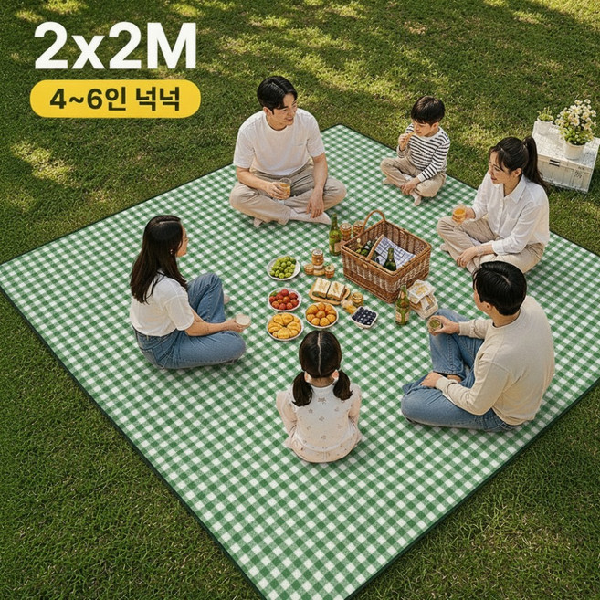 브로미 초대형 감성체크 피크닉매트 방수돗자리 휴대용, 그린