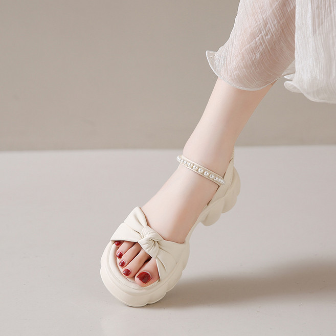 디아쿠아 바네사 여성 크로스리본 진주스트랩 발편한 키높이 통굽 샌들