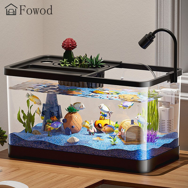 Fowod 수족관 생태 어항 조경 물고기어항 어항세트 안깨지는 아크릴 어항, 1개, 블랙