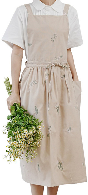 두리앤고 플로럴 H형 카페 원피스 앞치마, 플로럴 베이지, 1개