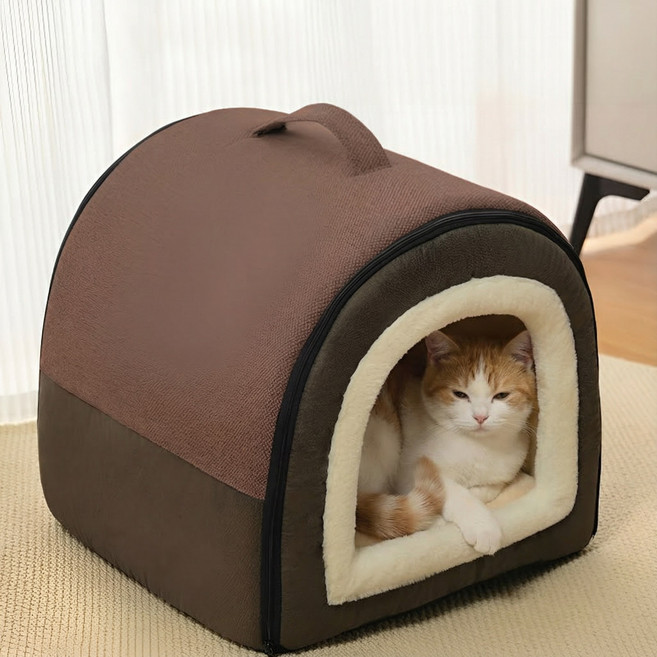 캣박스 고양이 강아지 반려동물 침대 숨숨집 침대 쿠션 하우스, 브라운, 1개