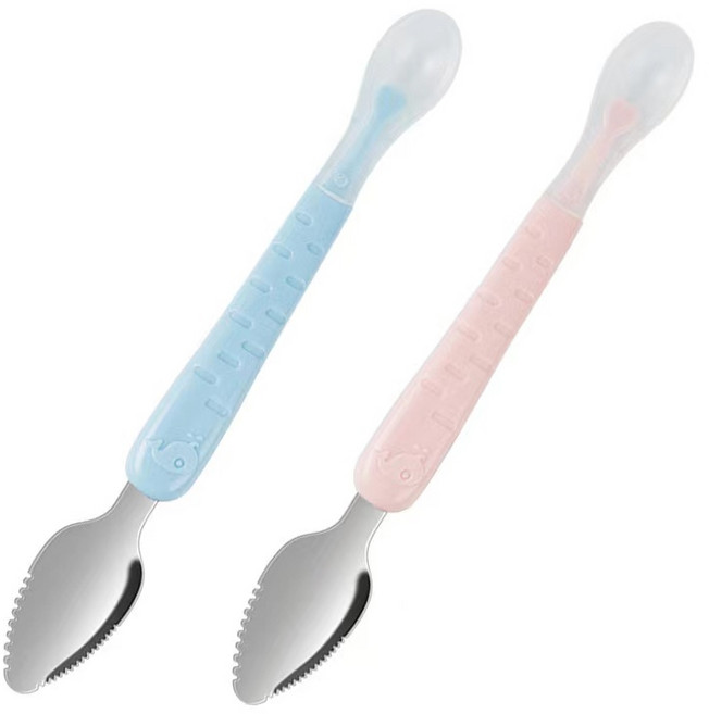 QICHU 쌍두 투웨이 과일사과퓨레 숟가락 스크래치 숟가락 이유식 실리콘 숟가락 스테인리스 숟가락 식기, 피쉬 핑크, 2개, 1