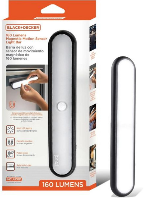 BLACK+DECKER 작업조명 현장작업등 야외랜턴 블랙+데커 160LM LED 라이트 바 터치리스 모션 센서 마그네틱 마운트 AAA 배터리로 구동 실내 공간 옷장 차고 선반1, 1-Pack, 1