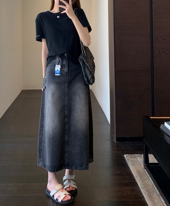 【高腰顯瘦】牛仔半身裙 A字裙 開叉裙 長裙 半身裙 牛仔裙 高腰設計 側開叉 復古水洗 春夏新款 通勤休閒百搭