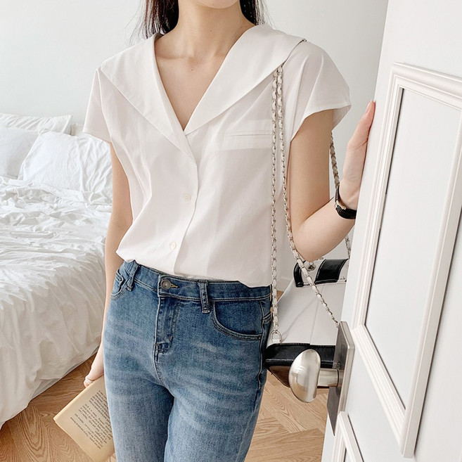 [SML] 여성 여리핏 반팔 세일러 카라 블라우스 반팔 데이트 출근룩 오피스룩 브이넥