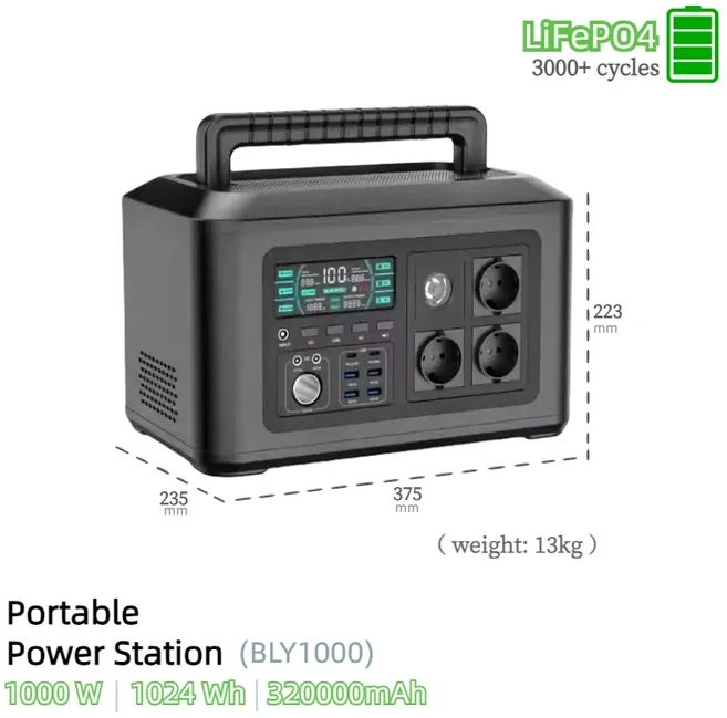 1024Wh 320000mAh 휴대용 파워 스테이션 LiFePO4 1000W 220V AC 순수 사인파 출력 2개월 해상 운송, 01 BLY1000  1000W, 01 220V Universal