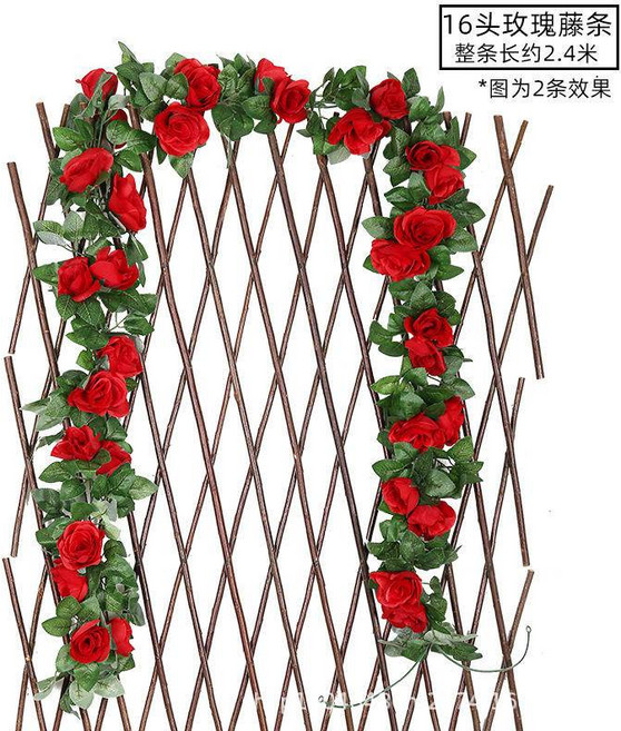 仿真玫瑰花藤假花藤蔓裝飾綠葉藤條, 16頭玫瑰紅色1條, 1個