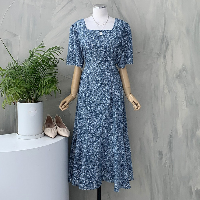 행복여[신상무배]샬롯 꽃나염 스퀘어넥 날개소매 쉬폰 원피스