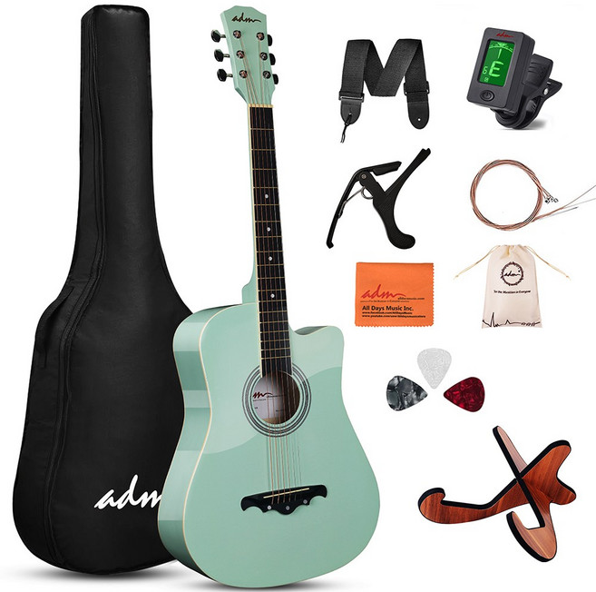 ADM 포크 기타 38인치 글로시 컷어웨이 스타터 세트 입문자용, 그린, 1개