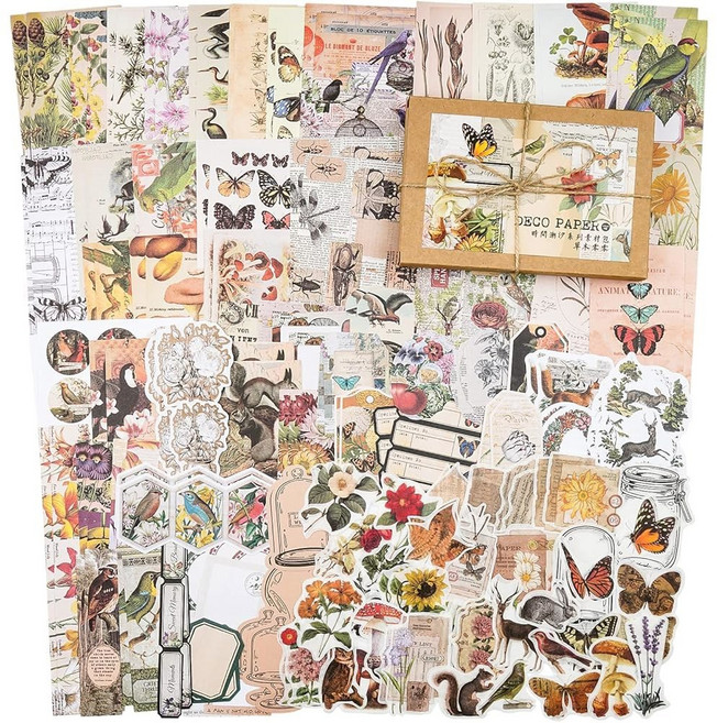 크네이드 200개 빈티지 엽서팩 데코파주 페이퍼 정크 저널 키트 스크랩북 플래너 스티커 용품 아트 저널링 불릿 콜라주 공예 노트북 앨범 공예가 선물 숲, Forest, 1개