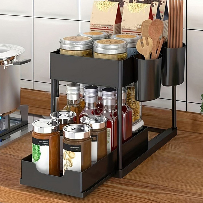 달리발리 슬라이딩 2단 선반 다용도 틈새 서랍 수납장 정리대, 블랙