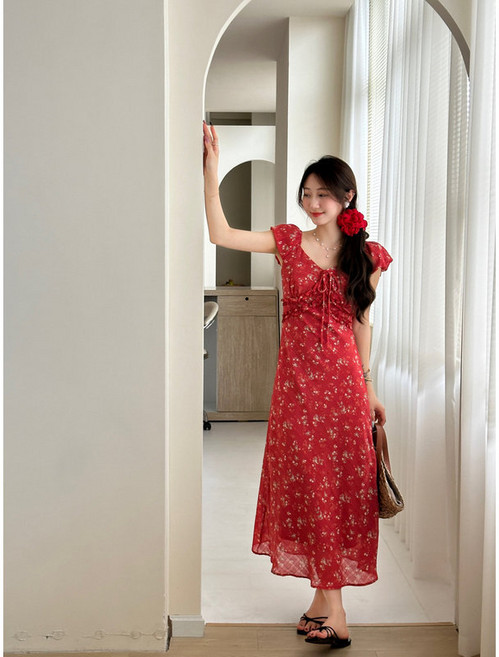 法式V領碎花連衣裙女 夏季新款度假風收腰長裙, 紅色