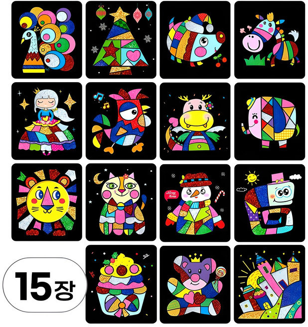 투데이리빙 15장 세트 포일 아트 만들기 미술 놀이 DIY 여아 홀로그램 호일 스티커 아트북 유아 집콕 엄마표 종이아트, R69065A(15장세트, 1세트