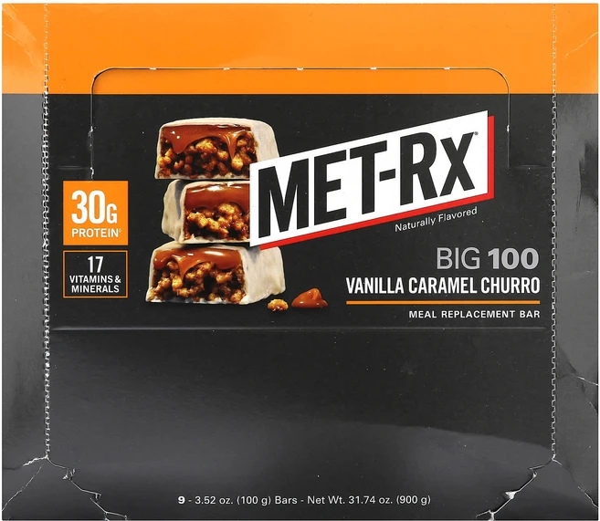 MET-Rx Big 100 식사 대용 바 바닐라 캐러멜 추로 바 9개 각 100g(3.52oz), METRxBig100식사대용바바닐라캐러멜추로바9개각10, 100g - 쿠팡
