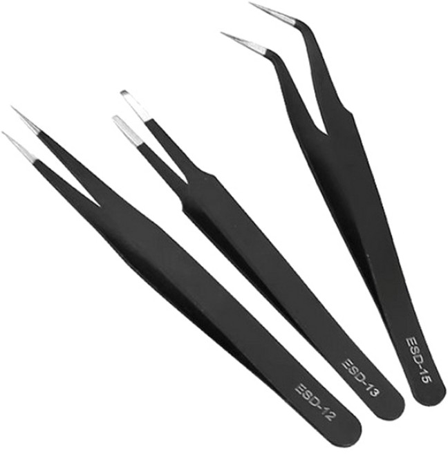 (3종세트)ESD-S 초정밀 고급핀셋 A형 핀셋 직선 곡선형세트 눈썹 프라모델, 1세트, 블랙3종