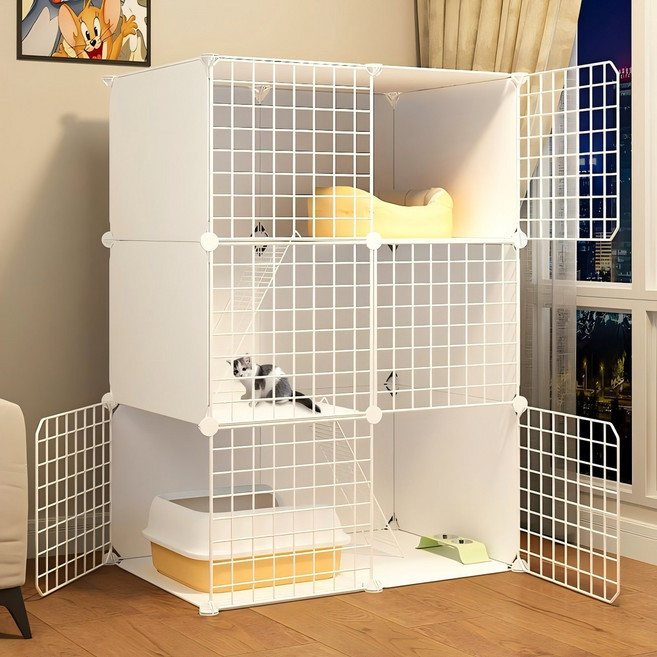 고양이 호텔 빌라 와이드 케이지 대형 철장 고양이장 고양이 울타리 휀스, 1세트, 흰색