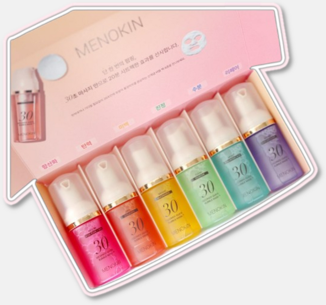메노킨 미니 버블팩 세트 30ml 6종 30초 뿌리는 화잘먹 마스크팩, 6개