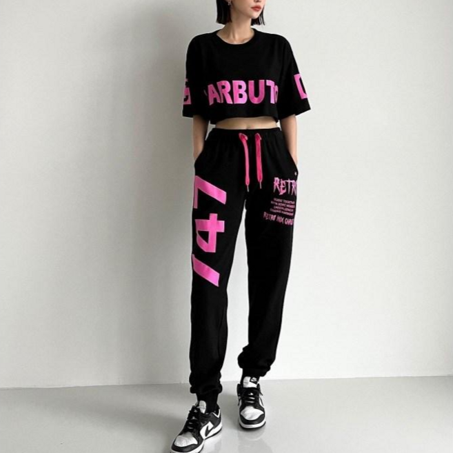 [카부토] 상하세트 여성크롭티+조거팬츠 줌바댄스복 방송댄스복 걸스힙합 단체복 공연복 에어로빅 자체제작 국내생산