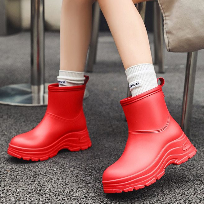 TIMEPURE 여성 장화 일본 스타일 패션 아웃도어 스타일 두꺼운 밑창 숏 레인부츠 방수 미끄럼방지