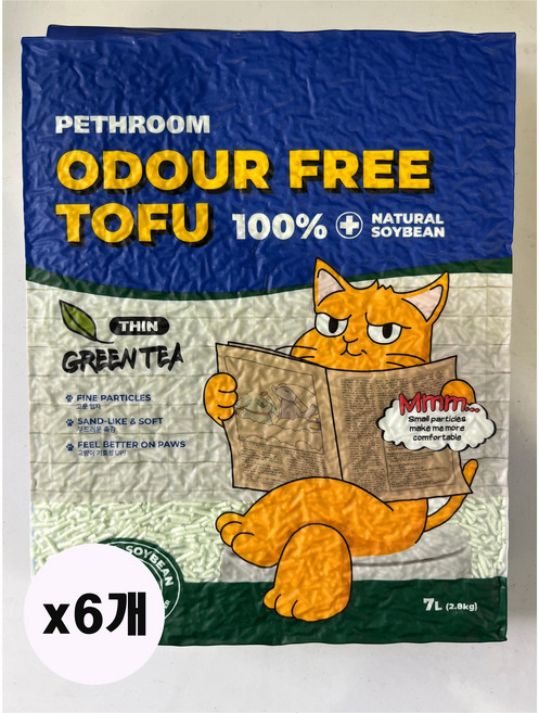 페스룸 고양이 오도어 프리 두부 씬 모래 가는입자 녹차, 7L, 6개, 녹차향
