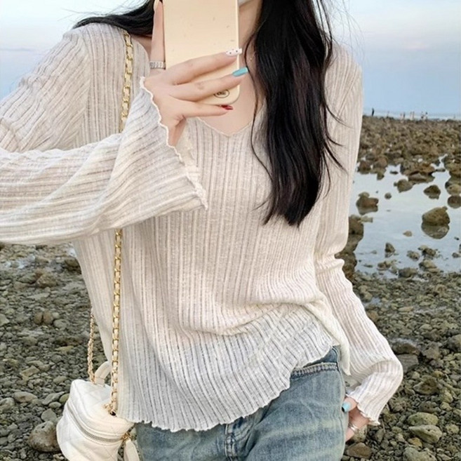 아이엠몽 여성 브이넥 시스루 니트 긴팔 티셔츠