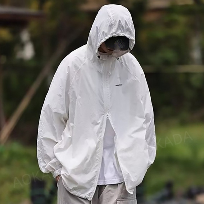 AOKADA 남녀공용 여름 쿨링 아이스 후드 투웨이 집업 자외선차단 바람막이 낚시 등산복 냉감 윈드브레이커, 화이트