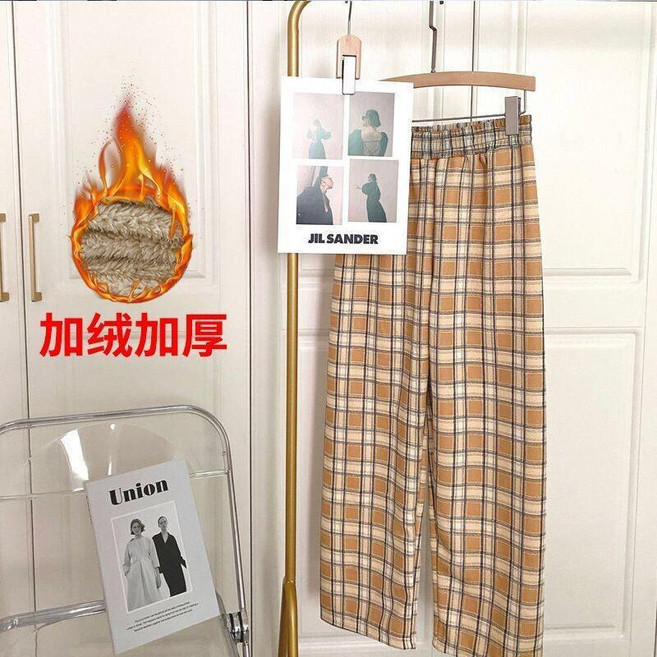 羊羔絨格子褲 冬款加絨加厚 韓版高腰保暖休閒直筒闊腿褲