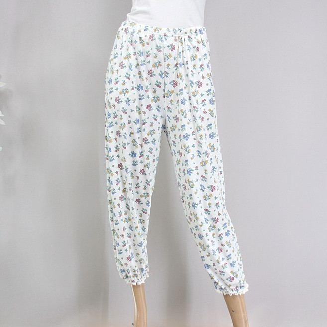 여성 실키 폴리에스터 플라워 패턴 9부 고쟁이 바지 잠옷 홈웨어