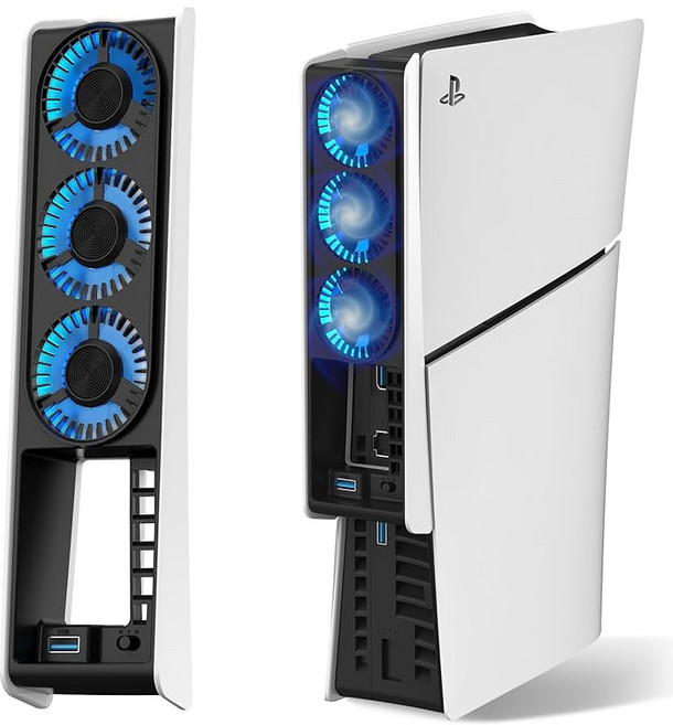 JUSPRO PS5 슬림용 냉각 팬 자동 온도 감지 풍속 조정 가능 LED 라이트 탑재 · USB 3.0 연결 저소음 열 대책 액세서리 Slim 디스크판/디지털판 공통, 1개