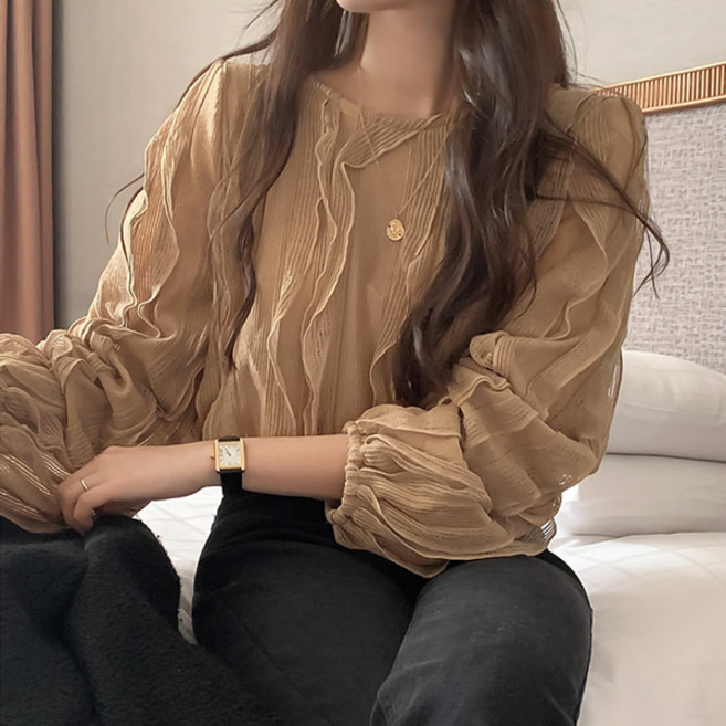 패션라인 BL10087_사라주름블라우스/셔링블라우스/볼륨소매블라우스/내추럴핏/우아한스타일/고급스러운룩/가벼운소재/데일리블라우스/페미닌룩/세련된디자인