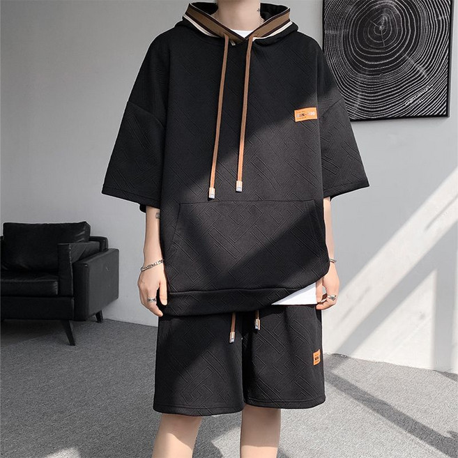 FINEART L~6XL 남성 빅사이즈 반팔 후드티 반바지 상하세트 여름 트레이닝복세트 오버핏 후드 반팔티 + 반바지