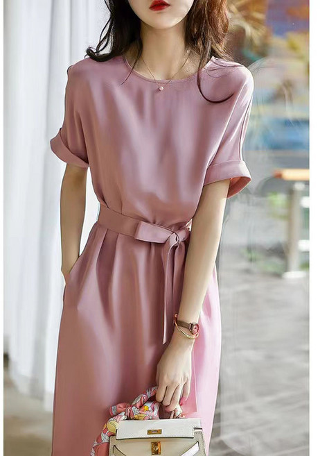 중년 여성 반팔 원피스 봄 여름 심플 기질 엄마 원피스 명원풍 프렌치 치마 LJX