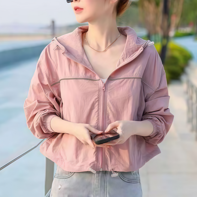 Makone 여성 여름 점퍼 얇은 후드 자외선차단복 숏 캐주얼 외투