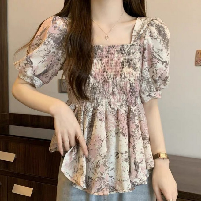 Roimkrs 여성 여름 빅사이즈 반팔 셔링 블라우스 플라워 셔츠