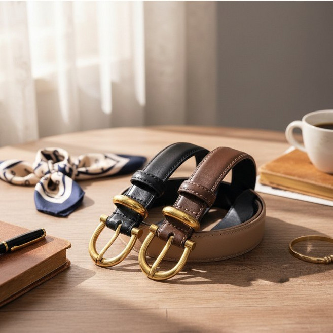 25mm 앞뒤면 클래식 천연소가죽 금장 버클 심플 레더 벨트