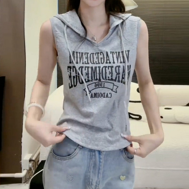 여성 순면 여름 레터링 후드 나시티 여자 패션 민소매 후드 티셔츠 상의