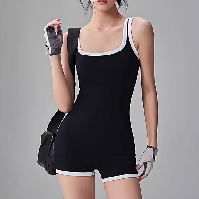 히또리 S2696 스포티 스퀘어넥 배색 슬림 나시 바디수트 점프수트 수영복, S
