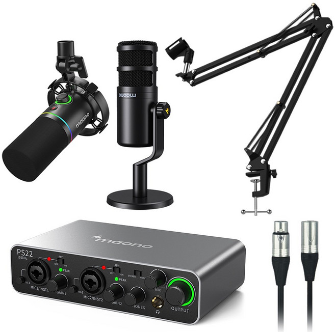 마오노 PS22 라이브 2인 방송용 유튜브 틱톡 녹음용 오디오인페이스 마이크 올인원 패키지6, PS22 실버, PD200X 블랙+PD100, BA20 블랙+XLR케이블