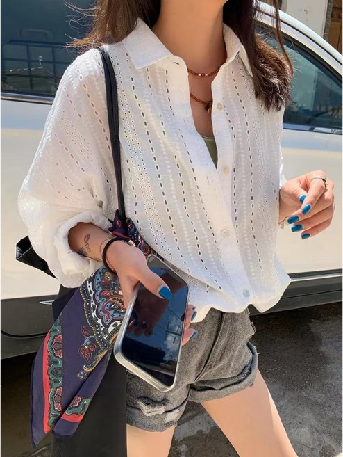 法式鏤空長袖襯衫 韓系麻棉防曬上衣
