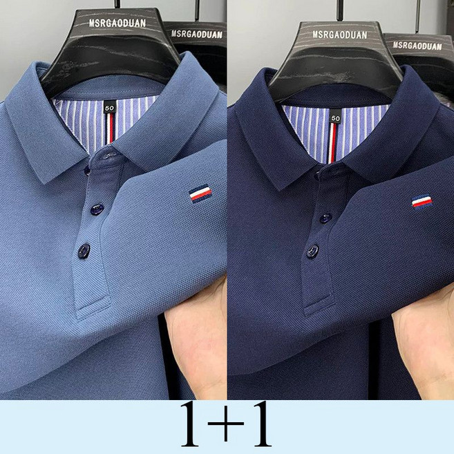 1+1 중년 남성 카라넥 긴팔 티셔츠 봄가을 루즈핏 오버핏 긴팔티 남자 캐주얼 자수 폴로셔츠 상의 SJS