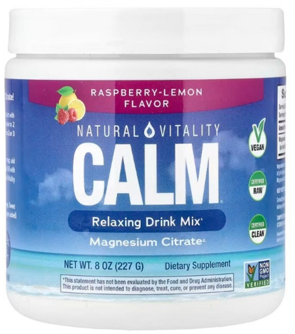 네츄럴바이탈리티 CALM 릴랙싱 드링크 믹스 마그네슘 시트레이트 라즈베리 레몬 맛 227g (8oz)