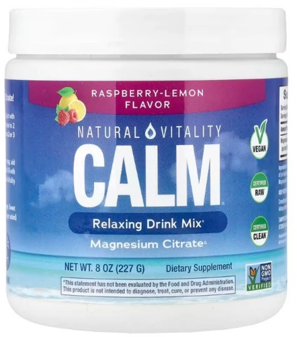 네츄럴바이탈리티 CALM 릴랙싱 드링크 믹스 마그네슘 시트레이트 라즈베리 레몬 맛 227g (8oz) - 쿠팡