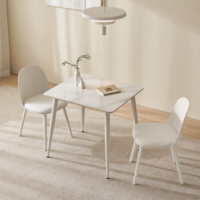 타볼라 마카롱 통세라믹 2인용 식탁세트(의자2), 마블화이트+화이트, 화이트2